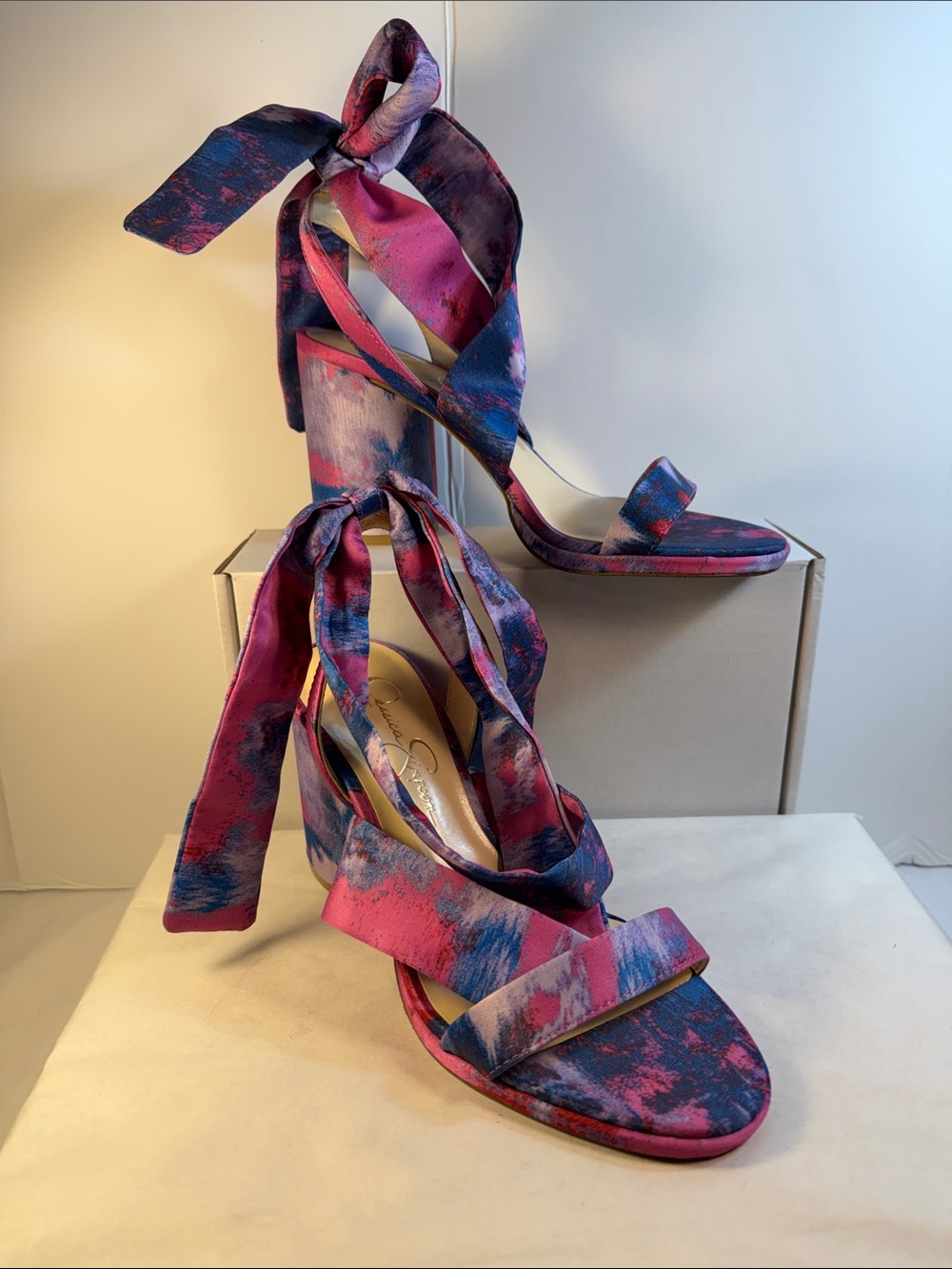 Jessica Simpson Pink and Blue Tie-Ankle Block Heel Sandals